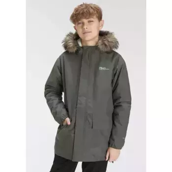 Куртка Jack Wolfskin для отдыха на открытом воздухе «COSY BEAR JACKET K», с капюшоном, длинная, утепляющая детская парка классического дизайна, цвет slate green