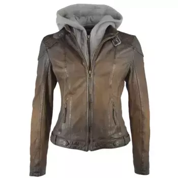 Куртка кожаная цыганская "CASCHA", с капюшоном, в винтажном стиле, со вставкой для пота на молнии Gipsy, коричневый