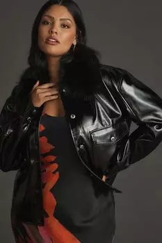 Куртка Maeve из искусственной кожи с меховым воротником, черный