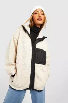 Куртка на молнии Тедди с контрастной нейлоновой деталью boohoo, белый