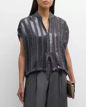 Куртка на молнии в полоску с пайетками Brunello Cucinelli, цвет C079 Lead Grey