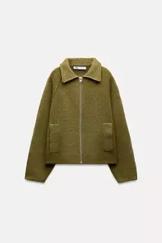 Куртка оверсайз из 100% шерсти ZARA, мох зеленый