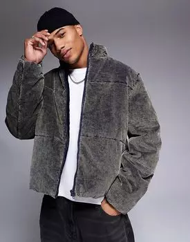 Куртка-пуховик из вельвета, обработанная кислотой, темно-синего цвета ASOS DESIGN