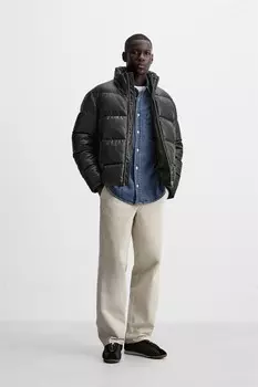 Куртка-пуховик с эффектом кожи ZARA, черный