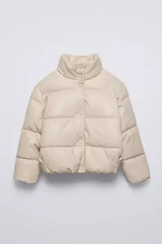 Куртка-пуховик с эффектом кожи ZARA, середина экрю