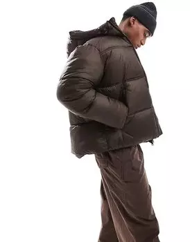 Куртка-пуховик с эффектом мокрого меха коричневого цвета Jack & Jones