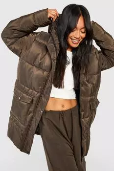 Куртка-пуховик с капюшоном и карманами Boohoo, хаки