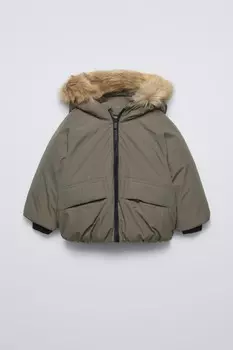 Куртка-пуховик с капюшоном из пуха и перьев, водоотталкивающая ZARA, темный хаки