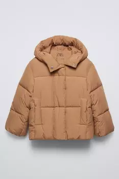 Куртка-пуховик с капюшоном ZARA, цвет toffee