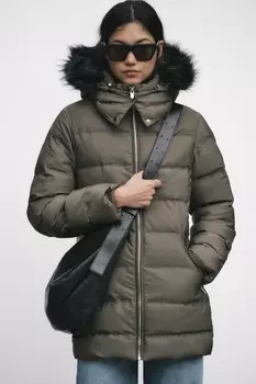 Куртка-пуховик с капюшоном, защитой от воды и ветра ZARA, хаки