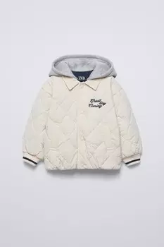 Куртка-пуховик с контрастным капюшоном ZARA, экрю