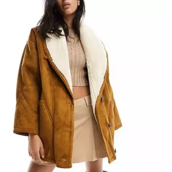 Куртка Pull&Bear Faux Suede Shearling Detail, коричневый
