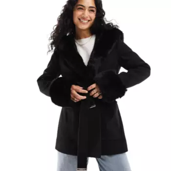Куртка River Island Belted Faux Fur, черный