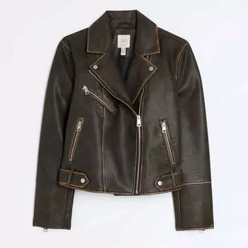 Куртка River Island Distressed Pu Biker, темно-коричневый