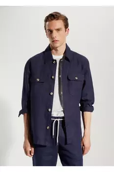 Куртка-рубашка стандартного кроя из 100% льна Mango, темно-синий