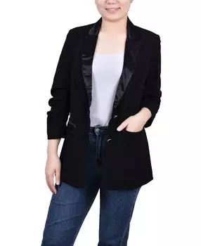 Куртка с атласными лацканами petite с длинными рукавами NY Collection, черный