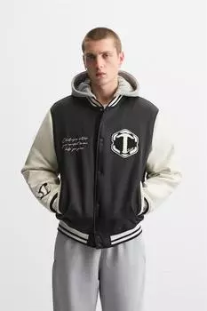 Куртка с капюшоном и нашивками ZARA, черный/белый