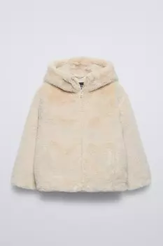 Куртка с капюшоном из искусственного меха ZARA, светло-бежевый