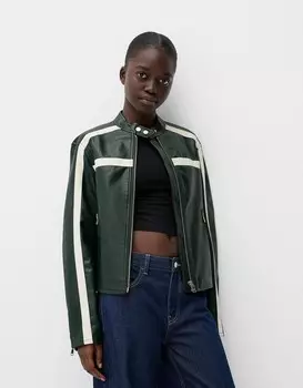 Куртка с контрастным кожаным эффектом Bershka, зеленый