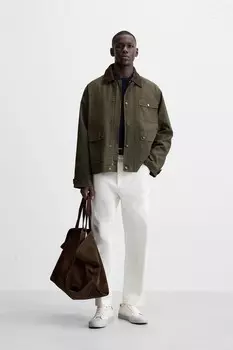 Куртка с контрастным воротником и карманами ZARA, хаки