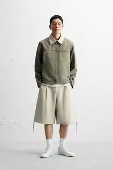 Куртка с контрастным воротником ZARA, серо-зеленый