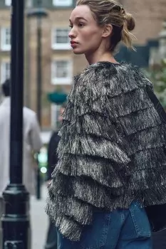 Куртка с металлической нитью и бахромой ZARA, серебряный