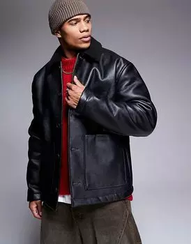 Куртка свободного покроя из искусственной кожи с подкладкой из искусственного меха черного цвета ASOS DESIGN