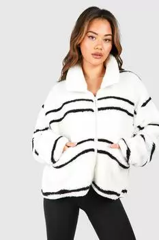 Куртка Тедди в полоску с принтом boohoo, белый