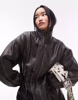 Куртка Topshop из искусственной кожи с завязкой на талии и клетчатой подкладкой серого цвета