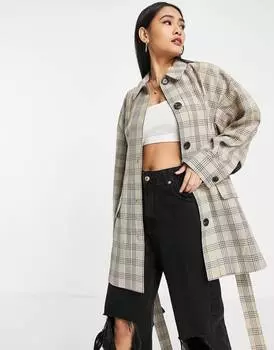 Куртка Topshop с овальными рукавами в нейтральную клетку