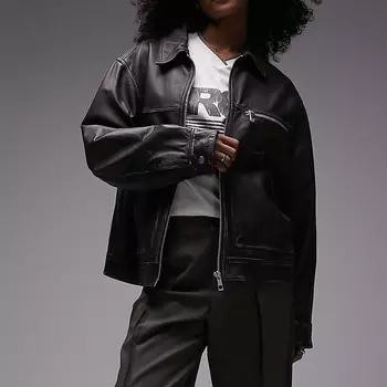 Куртка Topshop Washed Real Leather, коричневый