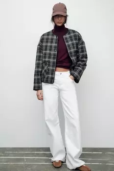 Куртка в клетку стеганая ZARA, экрю/синий