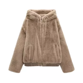 Куртка Zara Faux fur hooded, рыжевато-коричневый
