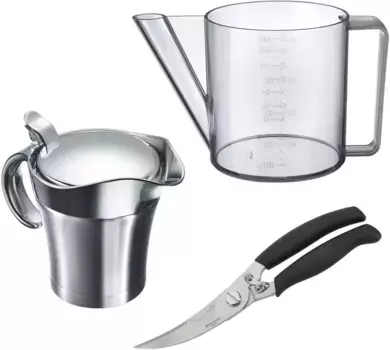 Кувшин для отделения жира WESTMARK, пластик из нержавеющей стали, (набор, 3 шт.), бытовой набор, 1 кувшин для отделения жира, 1 ножницы для птицы, 1 термосоусник Объем 1 л, серебристый/черный