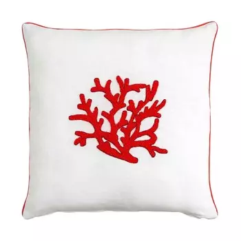 Квадратная мебельная подушка из чистого льна с вышивкой - Zante Biancoperla, цвет Bianco/Corallo