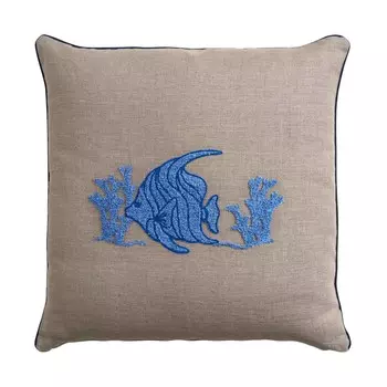Квадратная мебельная подушка из чистого льна с вышивкой - Парос Biancoperla, цвет Naturale/Blu