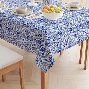 Квадратная скатерть, 100% полиэстер, 60x60 дюймов, акварельные цветы на лозах синего цвета.