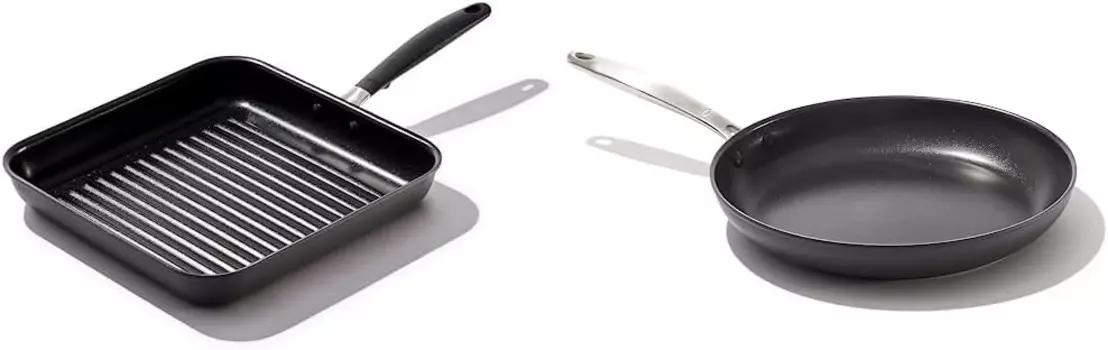 Квадратная сковорода-гриль OXO Good Grips 11 дюймов, черная и сковорода Good Grips Pro 12 дюймов, 3-слойное немецкое антипригарное покрытие, можно мыть в посудомоечной машине, можно использовать в духовке, ручка из нержавеющей стали, черная