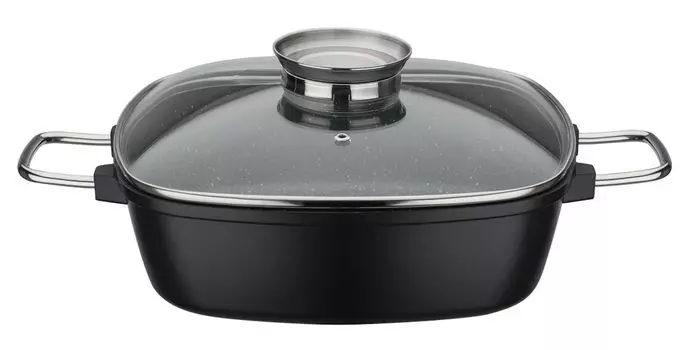 Квадратная жаровня GSW Gourmet GRANIT 28 x 28 x 8,5 см, алюминий, нержавеющая сталь, стекло, квадратная жаровня с крышкой из ароматического стекла ок. 28 x 28 x В 8,5 см