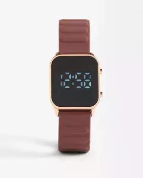 Квадратные женские цифровые часы Parfois с коричневым силиконовым ремешком