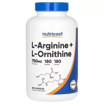 L-аргинин + L-орнитин, 750 мг, 180 капсул Nutricost