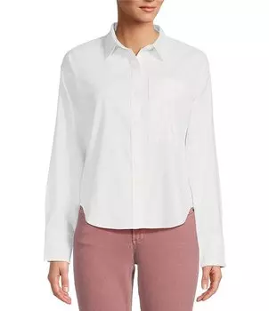 L.L.Bean Блузка большого размера с воротником, воротником, нагрудным карманом, заниженными плечами и длинными рукавами, белый