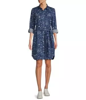 L.L.Bean Платье-рубашка с острым воротником и длинными рукавами с карманами и пуговицами спереди, с поясом и принтом, синий