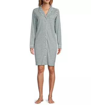 L.L.Bean Супермягкая ночная рубашка в полоску на пуговицах спереди без усадки, синий