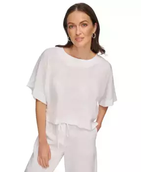 Льняная блуза с рукавом реглан и коротким рукавом DKNY, белый