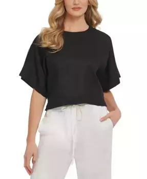 Льняная блуза с рукавом реглан и коротким рукавом DKNY, черный