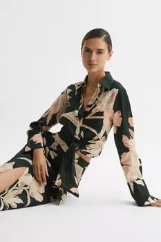 Льняная блузка Dahlia укороченного кроя с принтом и завязками спереди Reiss, хаки