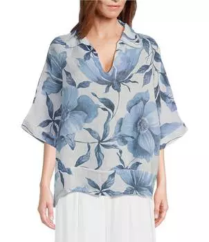 Льняная блузка Johnny с воротником 3/4 и рукавами 3/4, сделано в Италии M Made in Italy, цветочный