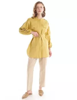 Льняная блузка с эполетами и шалевым воротником Oliv Kayra