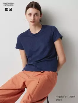 Льняная футболка с круглым вырезом Uniqlo, синий